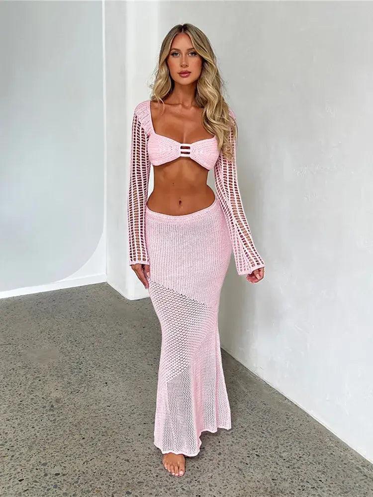 2 Piece Skirt Set Hollow Out Crop Top Long Sleeve - Emporium WRJJ