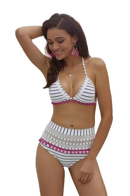 Blue White Striped Pom Pom Bikini - Emporium WRJJ