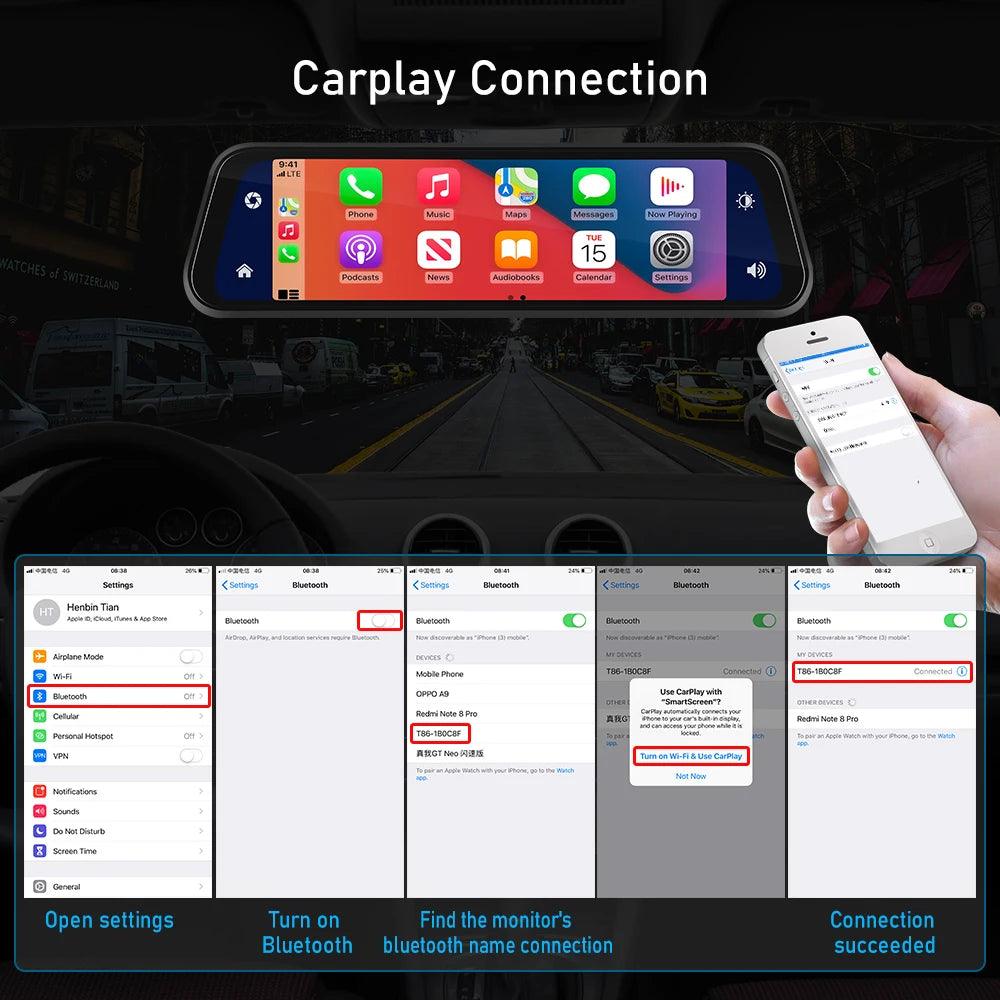 Podofo Carplay/ Android Auto Touchscreen Dashcam Mirror - Emporium WRJJ