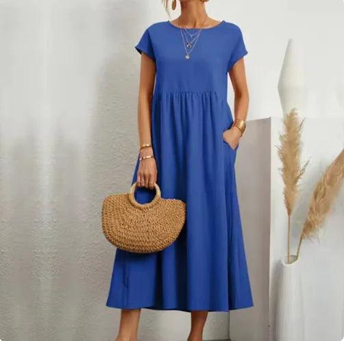 Solid Colour Sleeveless Cotton-Linen Pocket Dress - Emporium WRJJ