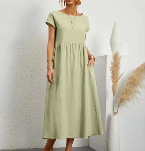 Solid Colour Sleeveless Cotton-Linen Pocket Dress - Emporium WRJJ