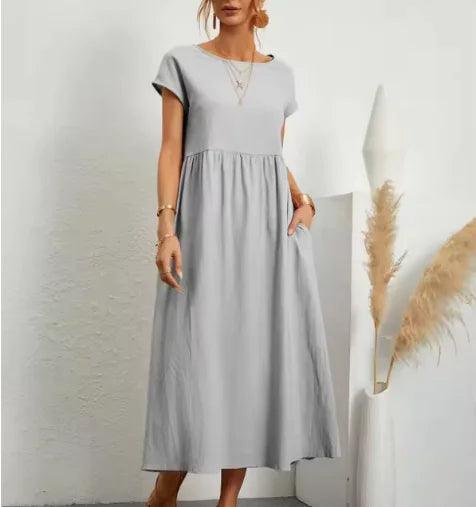 Solid Colour Sleeveless Cotton-Linen Pocket Dress - Emporium WRJJ