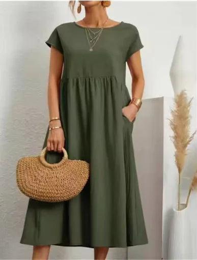 Solid Colour Sleeveless Cotton-Linen Pocket Dress - Emporium WRJJ