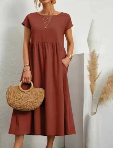 Solid Colour Sleeveless Cotton-Linen Pocket Dress - Emporium WRJJ