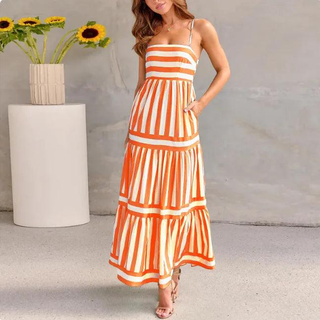 Striped Summer Maxi Dress with Pockets – Backless Beach Style - Emporium WRJJ