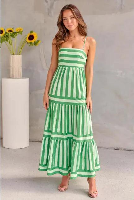 Striped Summer Maxi Dress with Pockets – Backless Beach Style - Emporium WRJJ