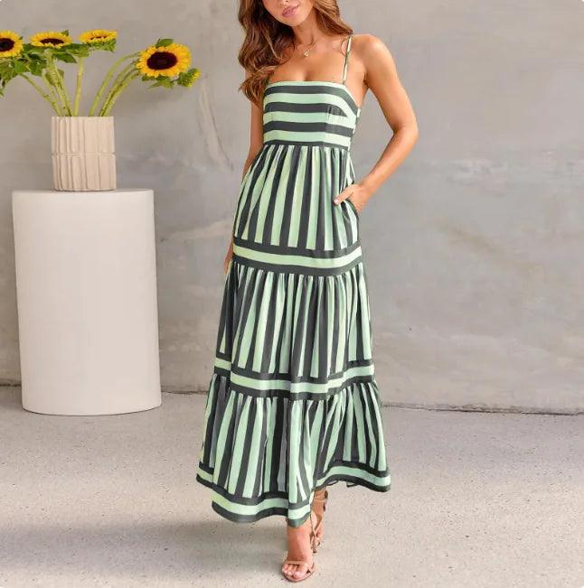 Striped Summer Maxi Dress with Pockets – Backless Beach Style - Emporium WRJJ