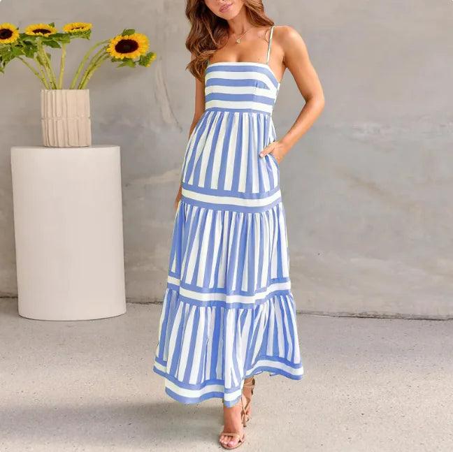 Striped Summer Maxi Dress with Pockets – Backless Beach Style - Emporium WRJJ