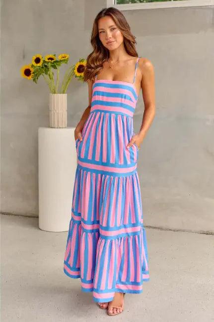 Striped Summer Maxi Dress with Pockets – Backless Beach Style - Emporium WRJJ