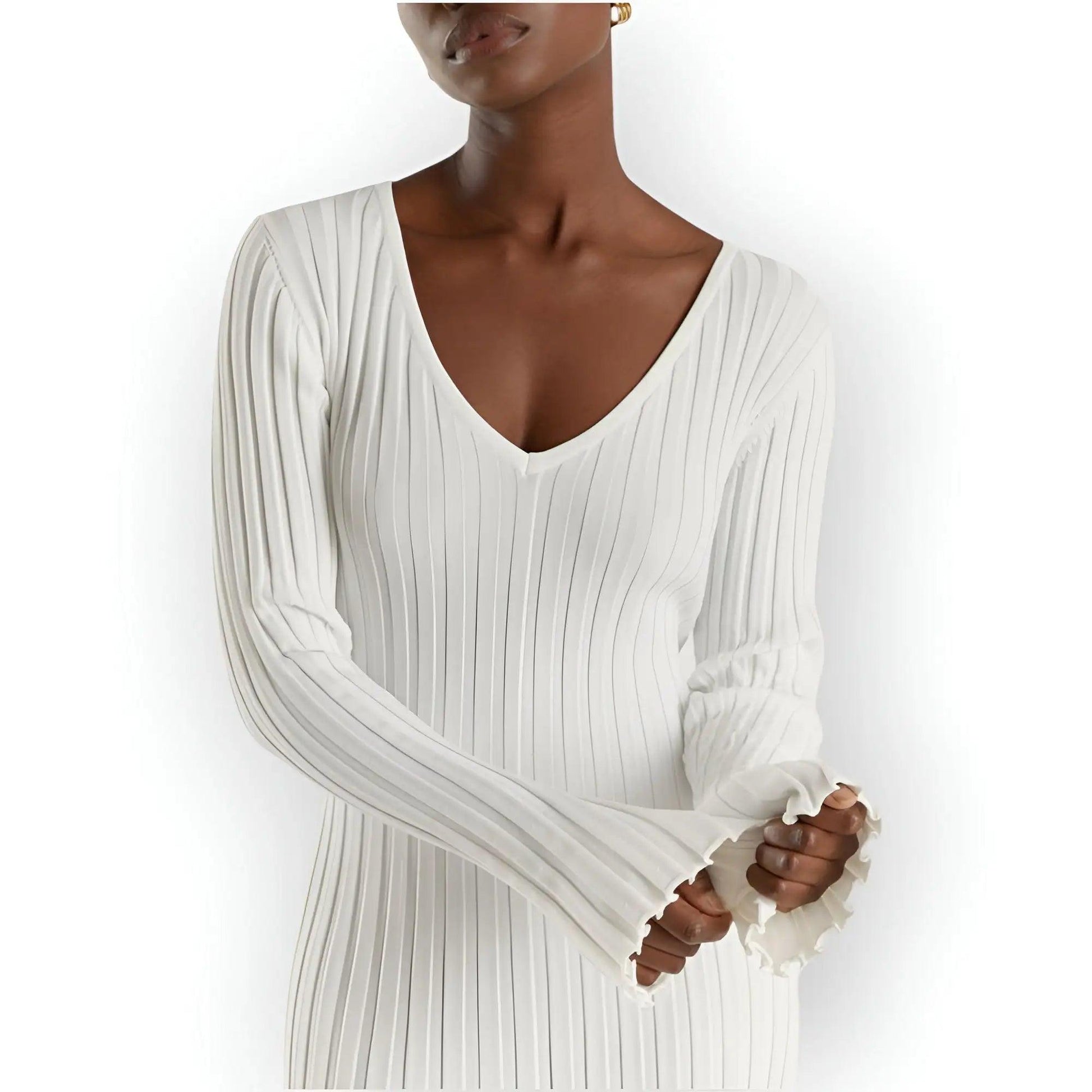 V Neck Sleeved Knitted Dress - Emporium WRJJ