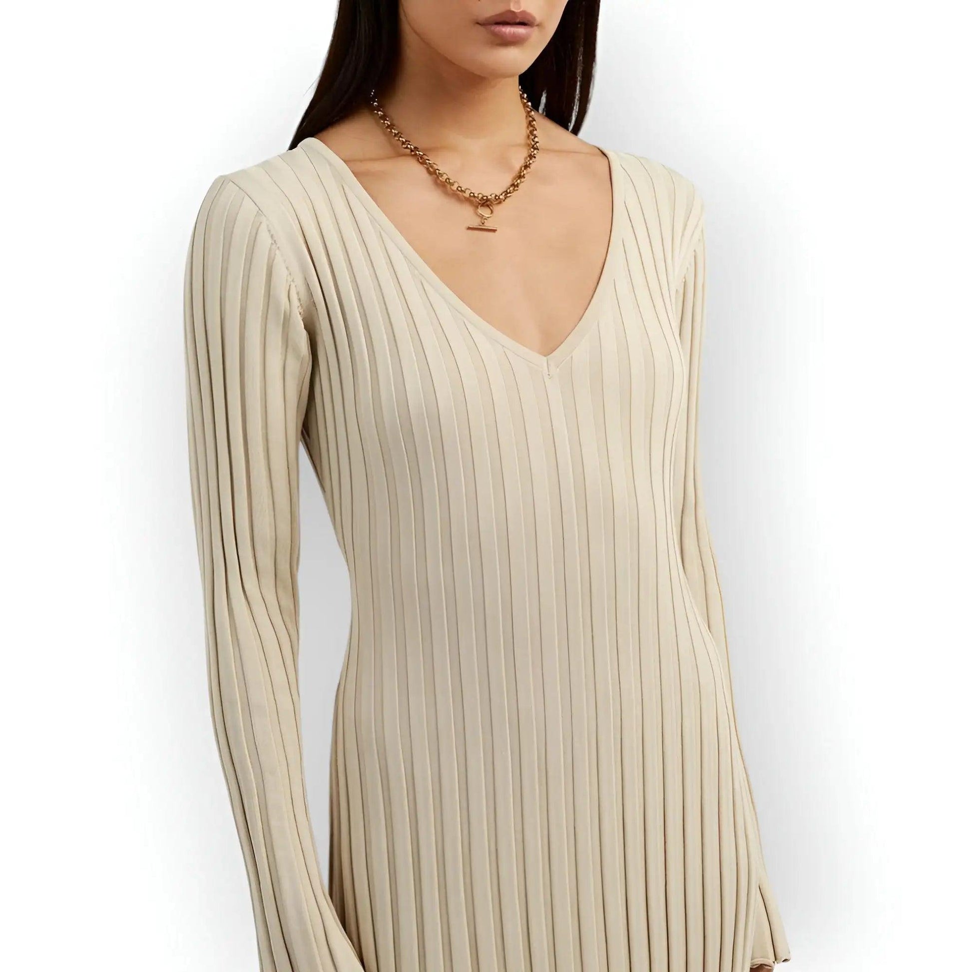 V Neck Sleeved Knitted Dress - Emporium WRJJ