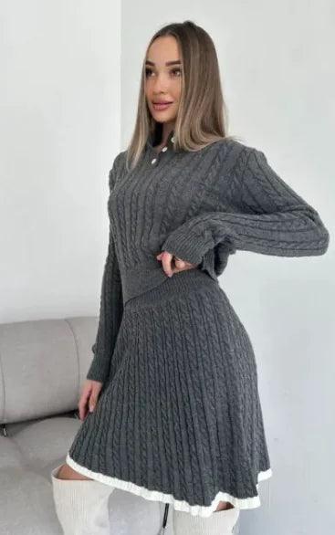 Women's Long Sleeve Knitted Button Sweater Dress Suit - Emporium WRJJ