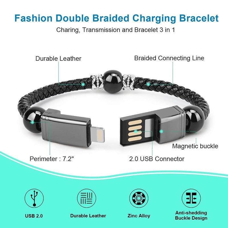 Leather Portable USB Type C and Micro Bracelet Phone Charger - Emporium WRJJ